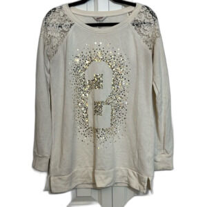 Jersey Style Sequin “2” Lace Shoulder Side Split Hem Sweatshirt Top